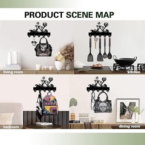 Miniatura 7 de Soporte para llaves de pared, gancho para llaves Jack Decor con 5 ganchos, decoración de esqueleto de Halloween, arte de pared de calavera,