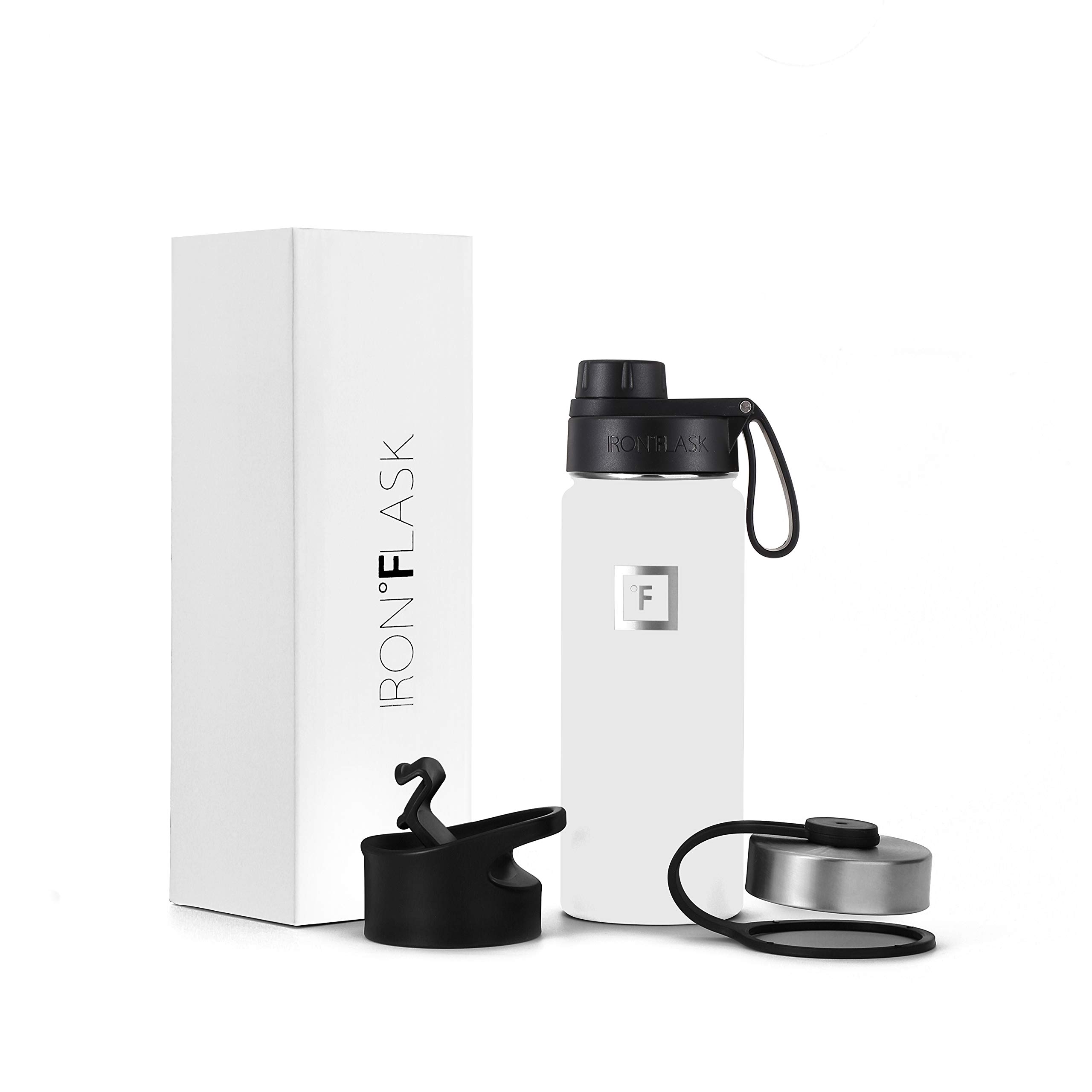 IRON °FLASK Camping & Hiking Hydration Flask with 3 Lids - Stainless Steel, Double Walled & Vacuum Insulated Water Bottle - Leak Proof & BPA Free (Winter White, Spout - 18 oz)