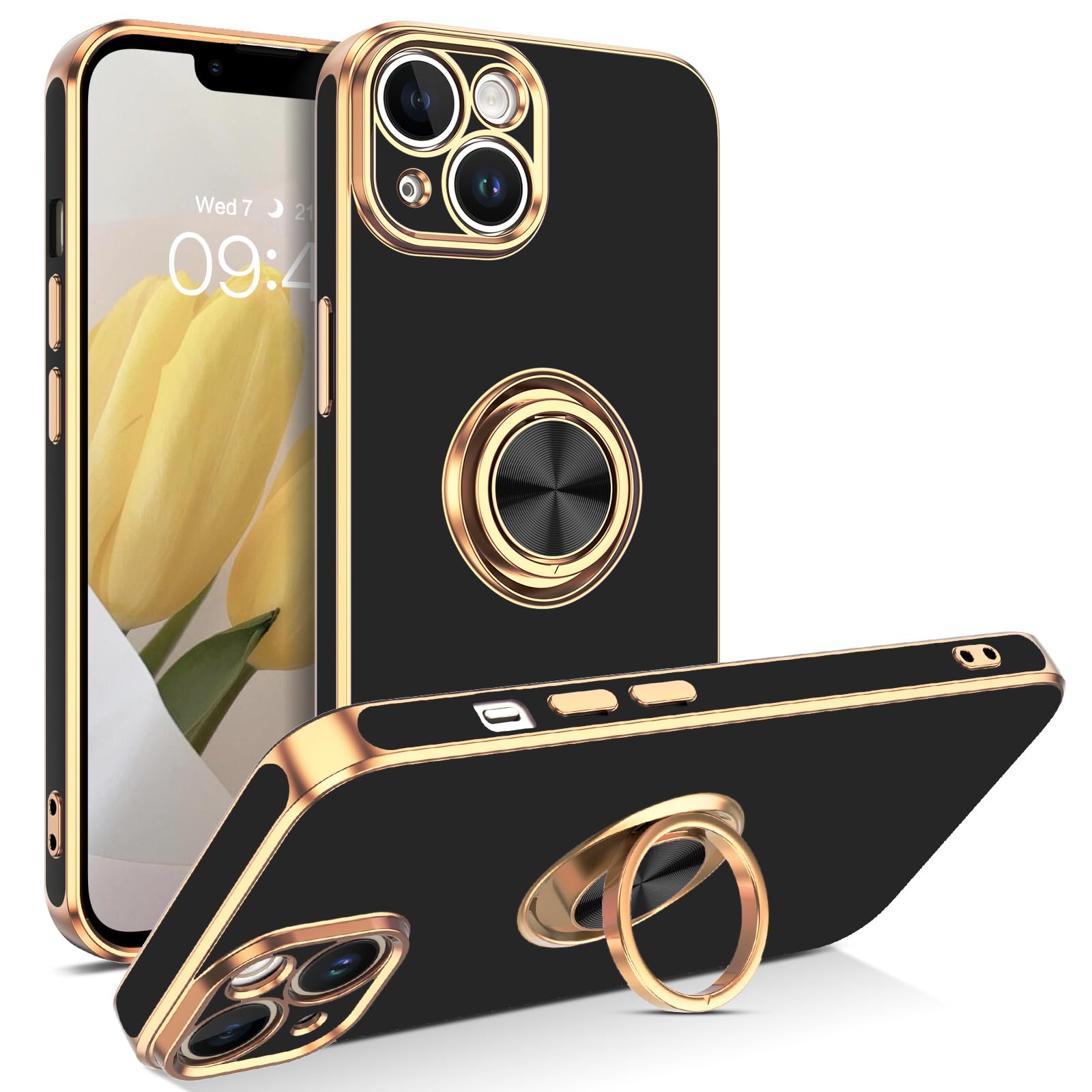 GUAGUA for iPhone 14 Case, iPhone 14 Phone Case with 360° Ring Holder Support Magnetic Car Mount for Women Men, Slim Kickstand Shockproof Protective Phone Cover for iPhone 14 6.1 inch, Black/Gold