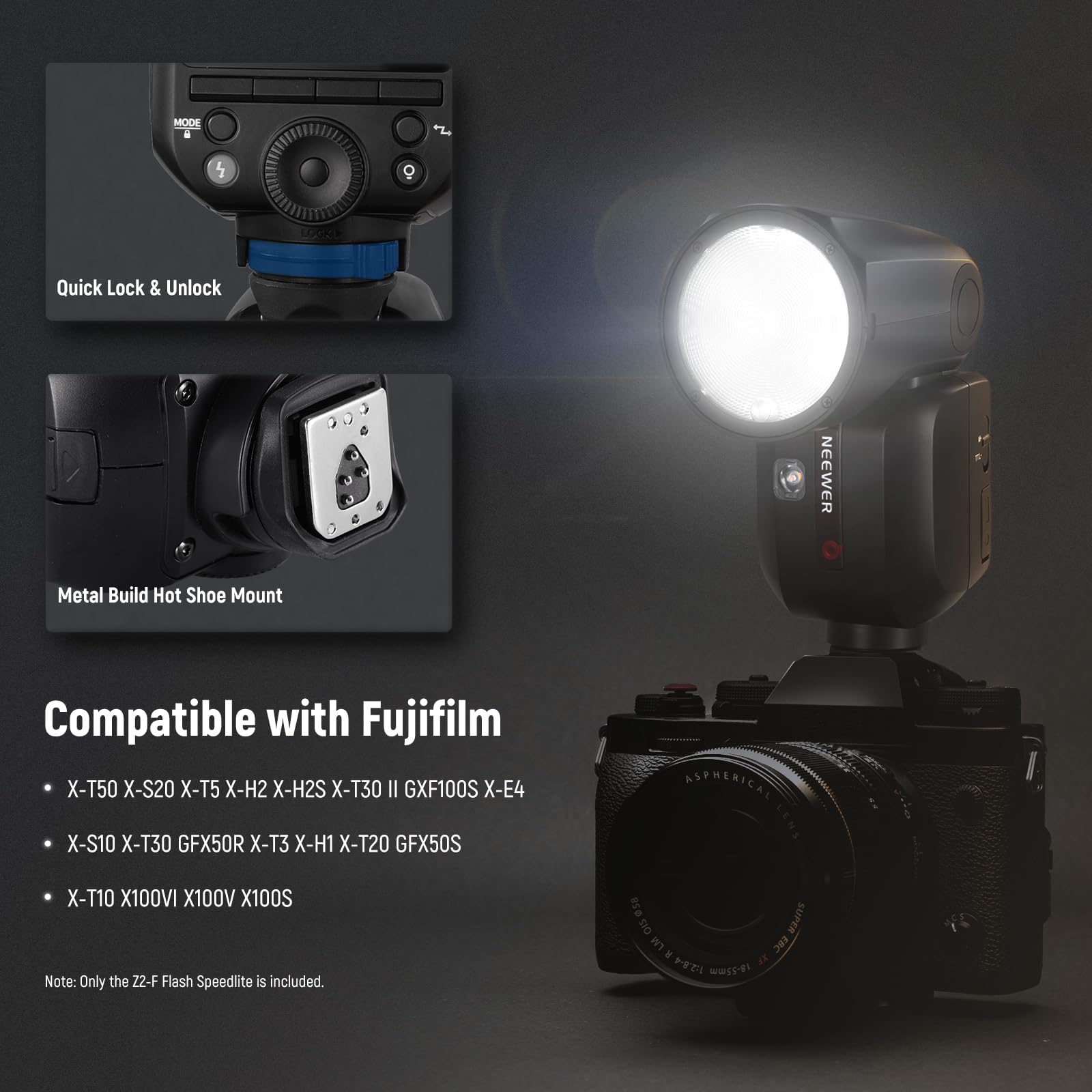 NEEWER Z2-F 2.4G TTL Camera Flash Speedlite Rotonda per Fujifilm, 76Ws HSS 1/8000s, Batteria 7.2V/3000mAh