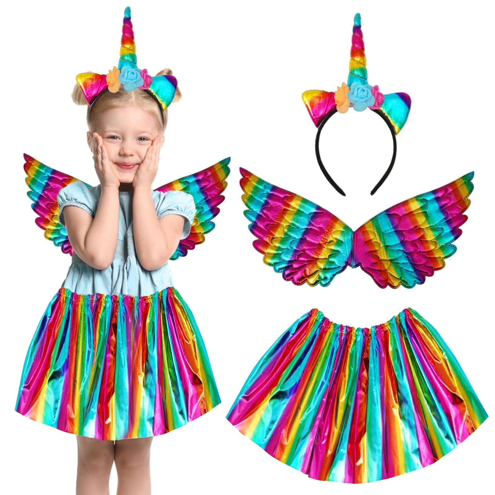 LETTERASHQP Disfraz de unicornio para niños, disfraz de unicornio para niña, juego de princesa, diadema de unicornio, alas de unicornio con tutú rosa para carnaval, fiesta de unicornio, cumpleaños
