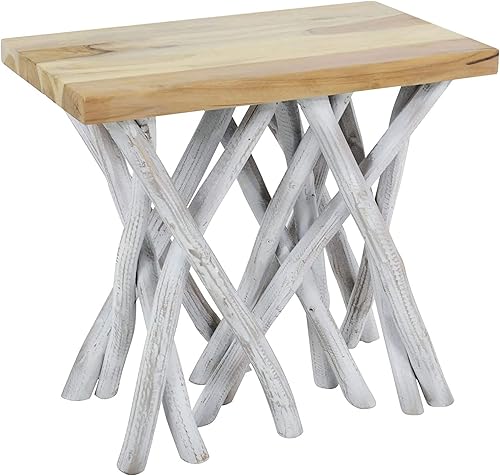 Miniatura 9 de East at Main Mesa auxiliar de tocón de madera de teca 100% sólida hecha a mano, tono cálido con patrón de grano natural, 20 x 12 x 18 pulgadas,