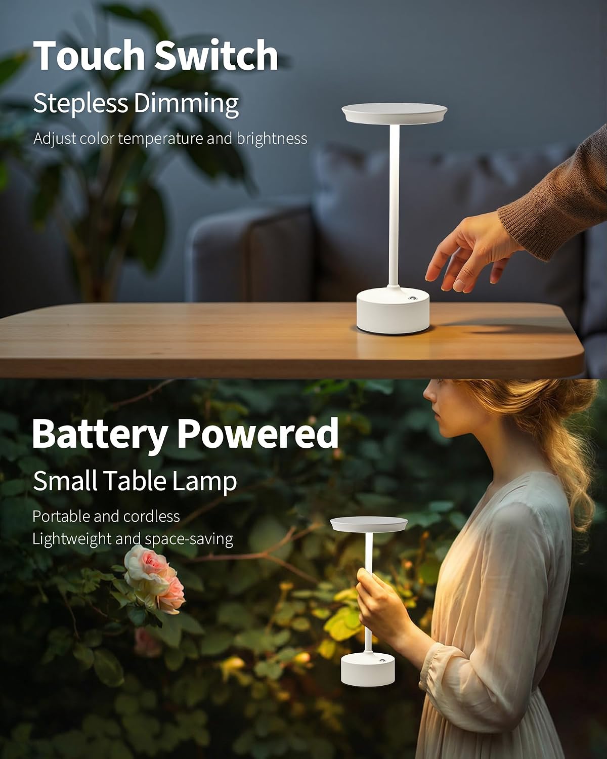 PUSU Rechargeable Table Lamps Set of 2, White Cordless LED 4000mAh Battery Desk Lamp, Stepless Dimming & 3 Color 2700K-6000K, Portable Lamp for Bedroom, Living Room, Restaurant, Outdoor, Night Light