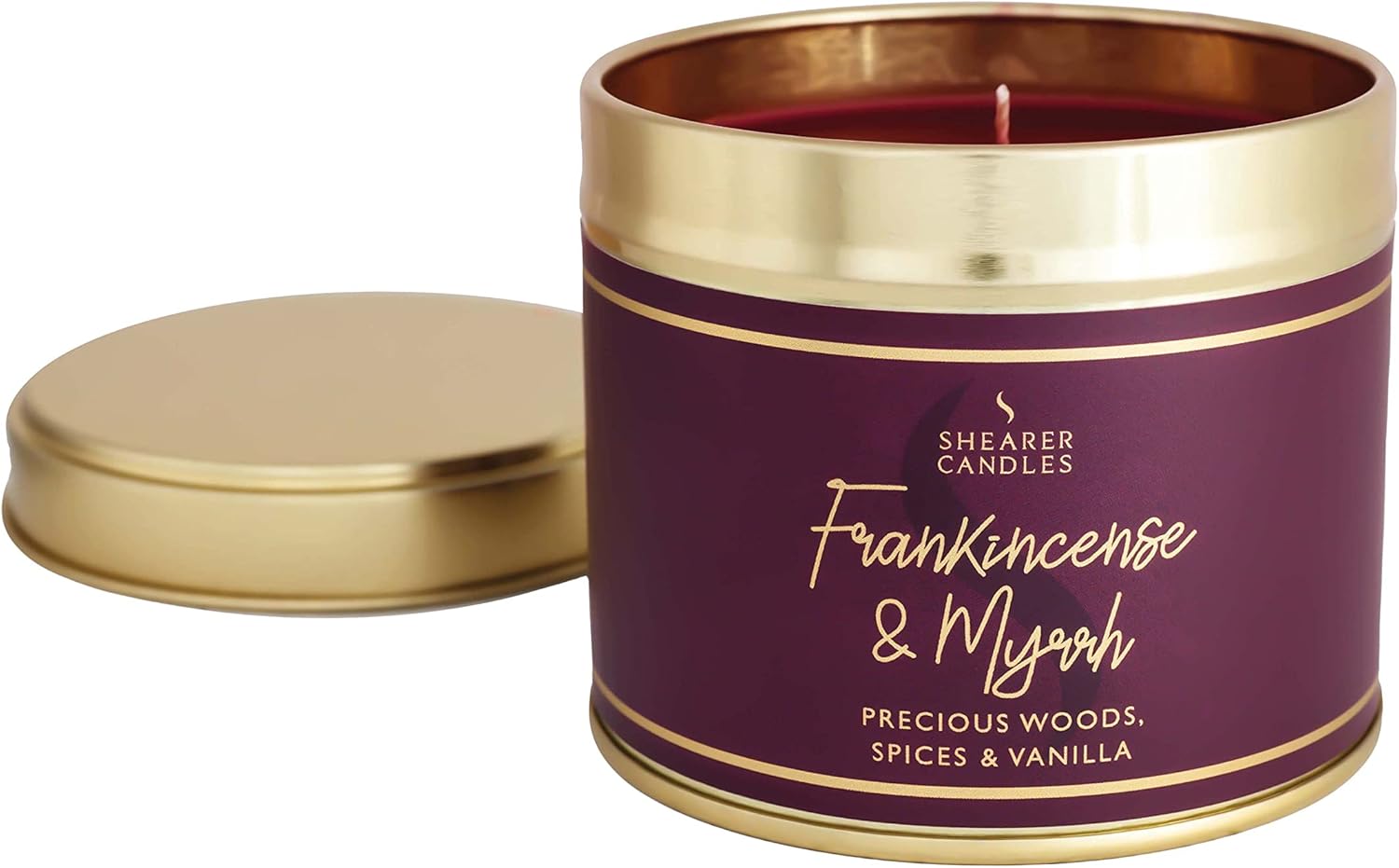 Shearer Candles Frankincense and Myrrh Large Scented Gold Tin Candle – Burgundy