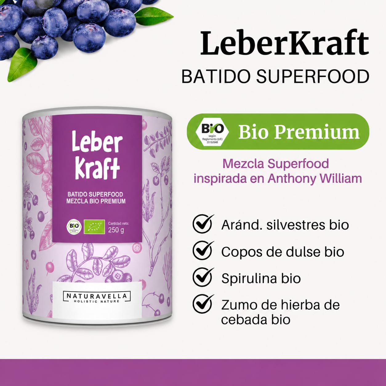NATURAVELLA LeberKraft Superfood Bio 250g | Heavy Metal Detox con arándanos silvestres, hierba de cebada, espirulina y dulse | Receta Anthony William | Vegano