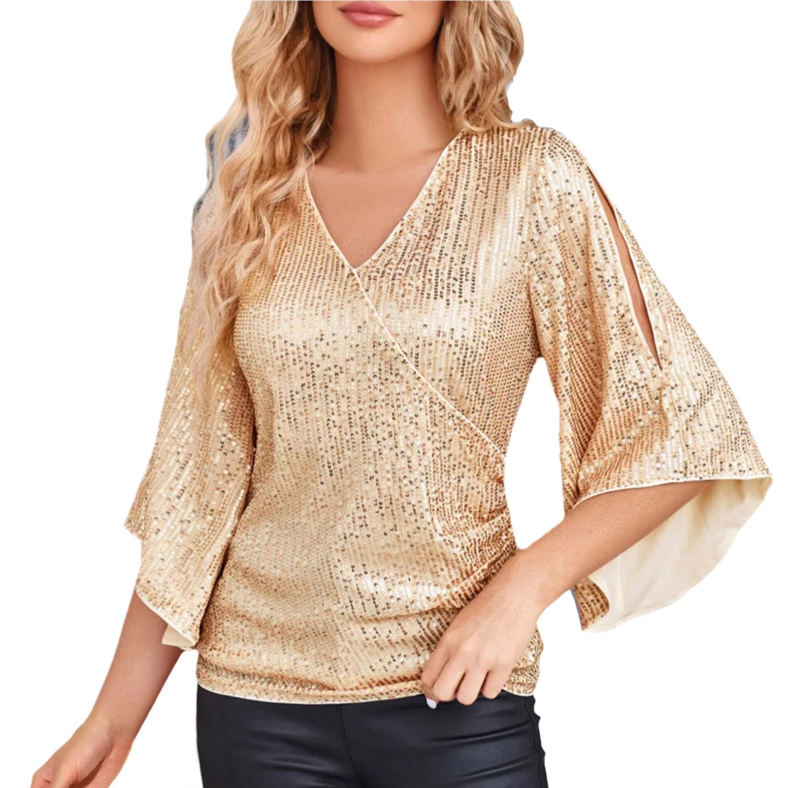 Generic 2024 Blusa de lentejuelas para mujer, manga 3/4, brillante, cuello en V, blusa elegante para fiesta con cuello de cascada