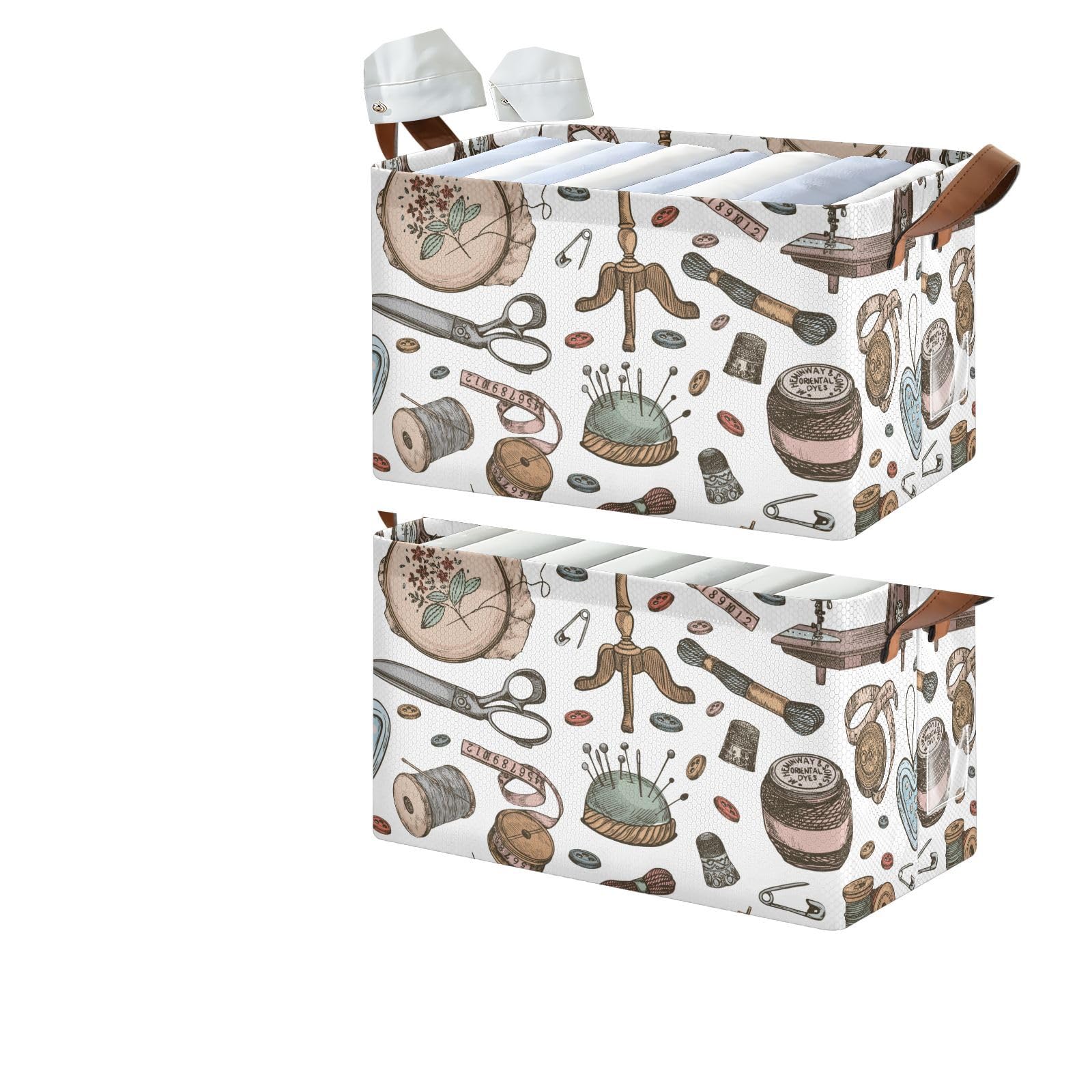 YNNALE Hand Draw Retro Sewing Supplies Storage Basket Foldable Cube Storage Bins with Handles&Label Collapsible Organizer Box Bin Rectangle Decorative Baskets for Shelves Home Living Room Closet