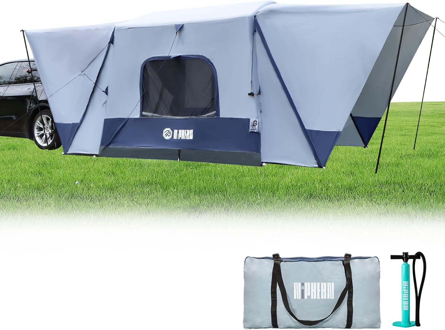 Niphean SUV Tent, 2 Mins Fast Setup Inflatable SUV Tents for Camping, Car Tent with Multi Room for 2/4/6 Person/Family, PU 3000mm Waterproof & UPF 50+ Silver Coated for Family Camping Hiking Parties Blue-grey