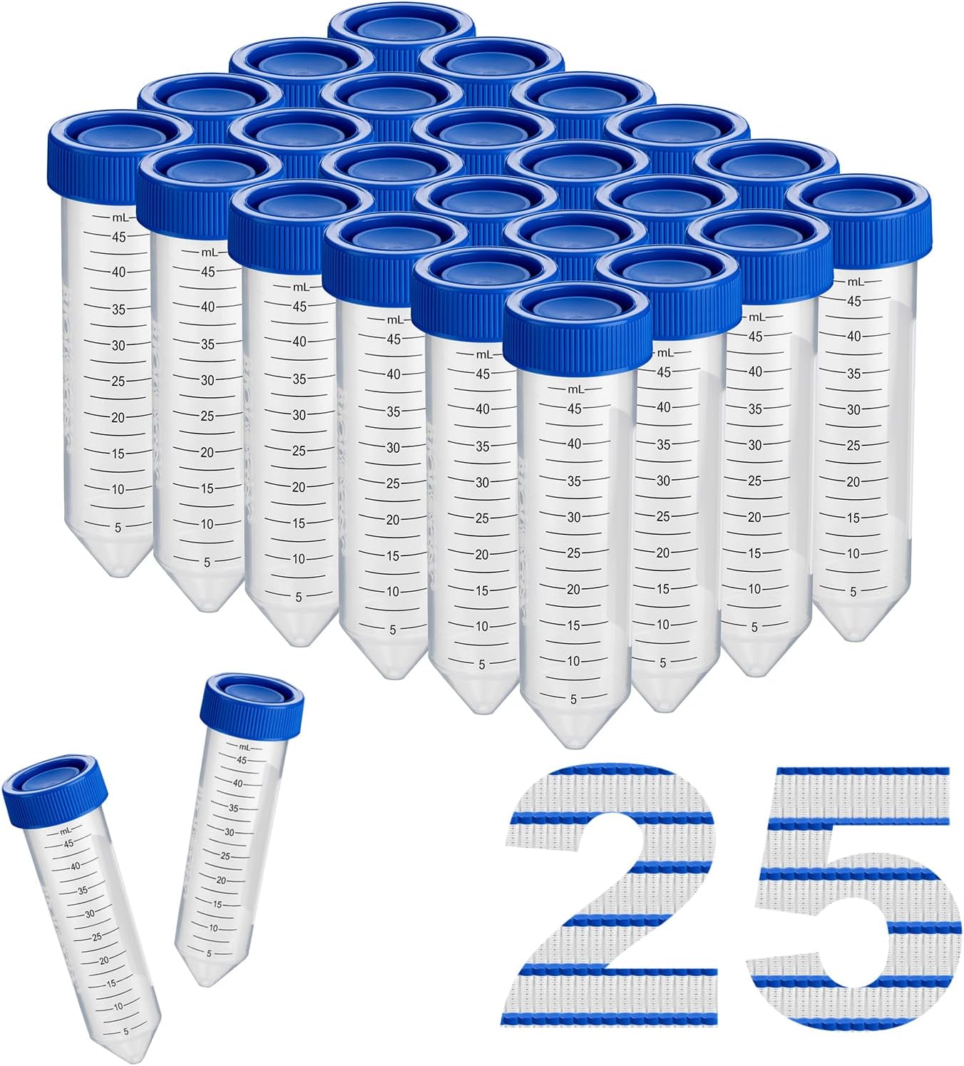 Biologix 50ml Polypropylene Conical Bottom Centrifuge Tubes, Centrifuge Tubes with Plug-Seal Screw Caps Assembled, Clear Container with Graduated and Write-on Spot, 25 Tubes/Rack