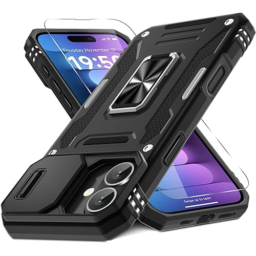 DEERLAMN Case for iPhone 16 Plus with Slide Camera Cover+Screen Protector (1 Pack), Rotated Ring Kickstand Military Grade Shockproof Protective Cover-Black