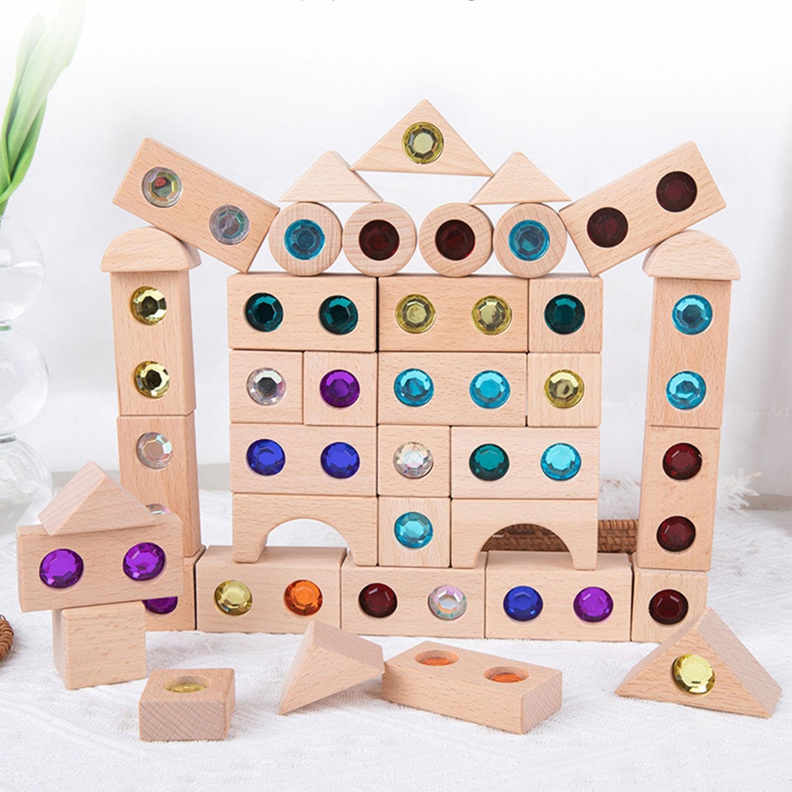 Di Gemme Di Legno - Quadrati Di Costruzione Ad Incastro Con Intarsio | Acrilico, Tavolo Luminoso Per Smistamento Matematico Di Materiale Sensoriale, Cubi Per Lo Sviluppo 'intelligenza Infant