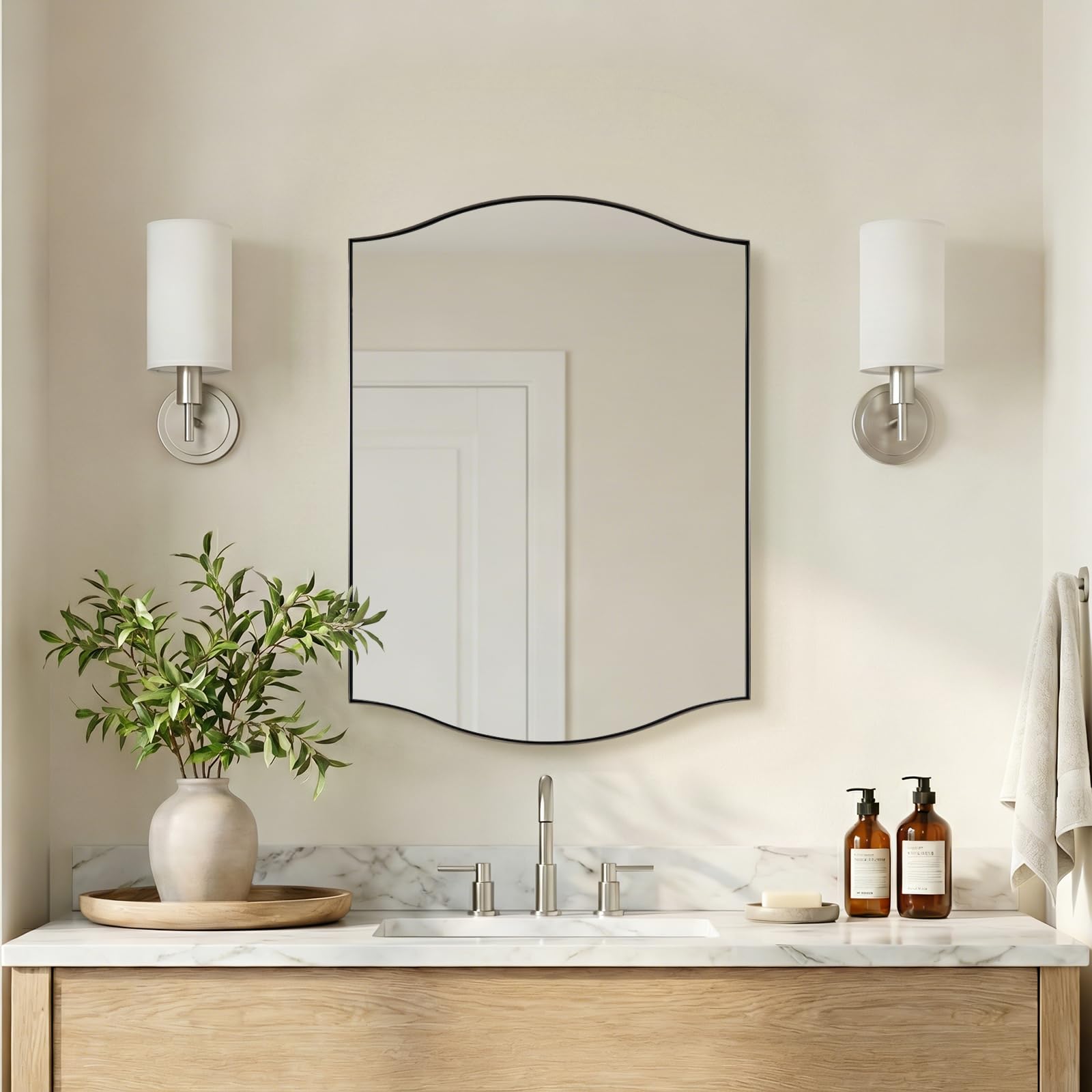 ANDY STAR Brushed Nickel Bathroom Mirror, 22"x30" Scalloped Wall Mirror in Stainless Steel Metal Frame, Unique Vanity Mirror with Modern Curved Edge Design, Ideal for Bathroom, Bedroom, Entryway