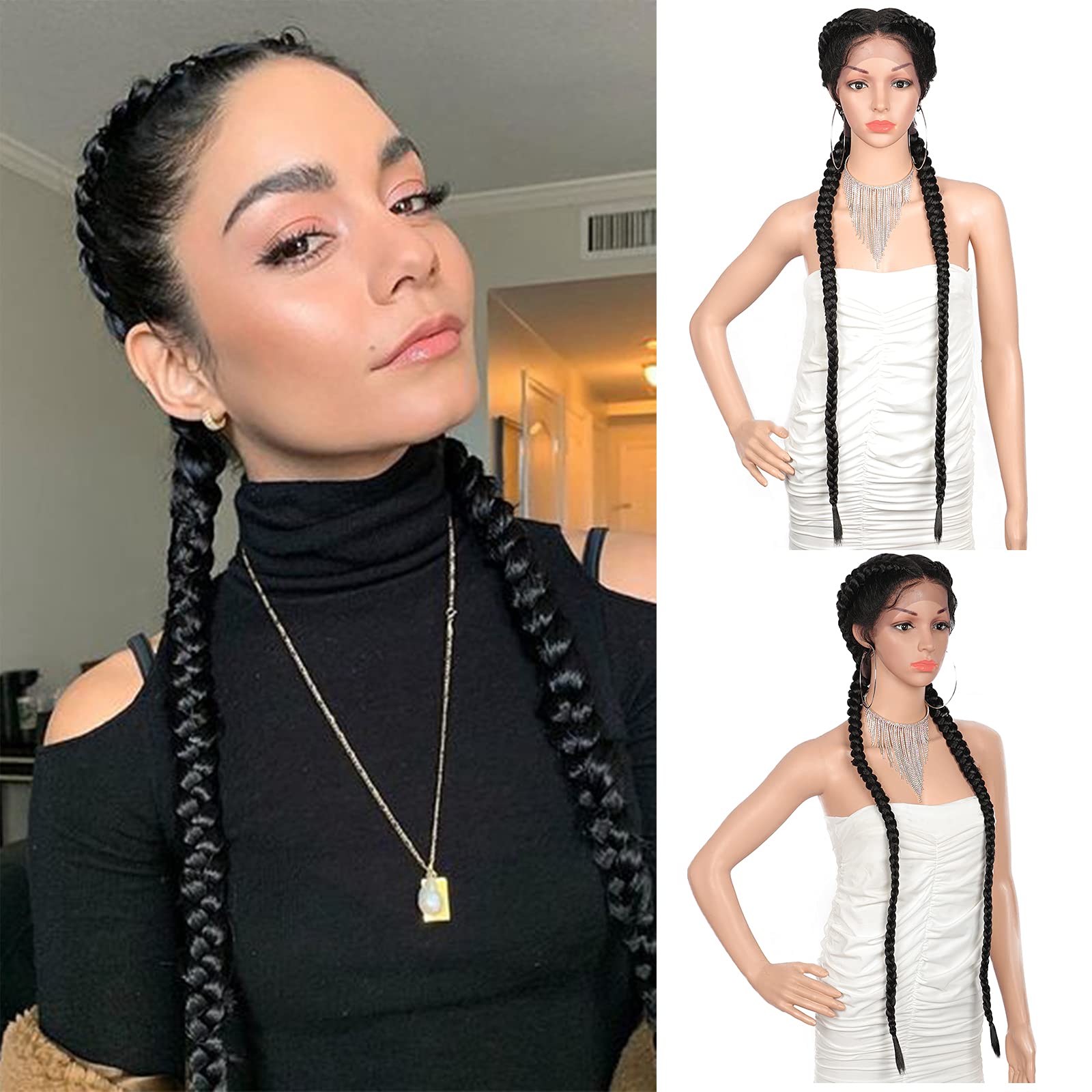 Brinbea 36” Lace Front Box Braided Wigs with Baby Hair for Women Premium Synthetic Lace Frontal Larg