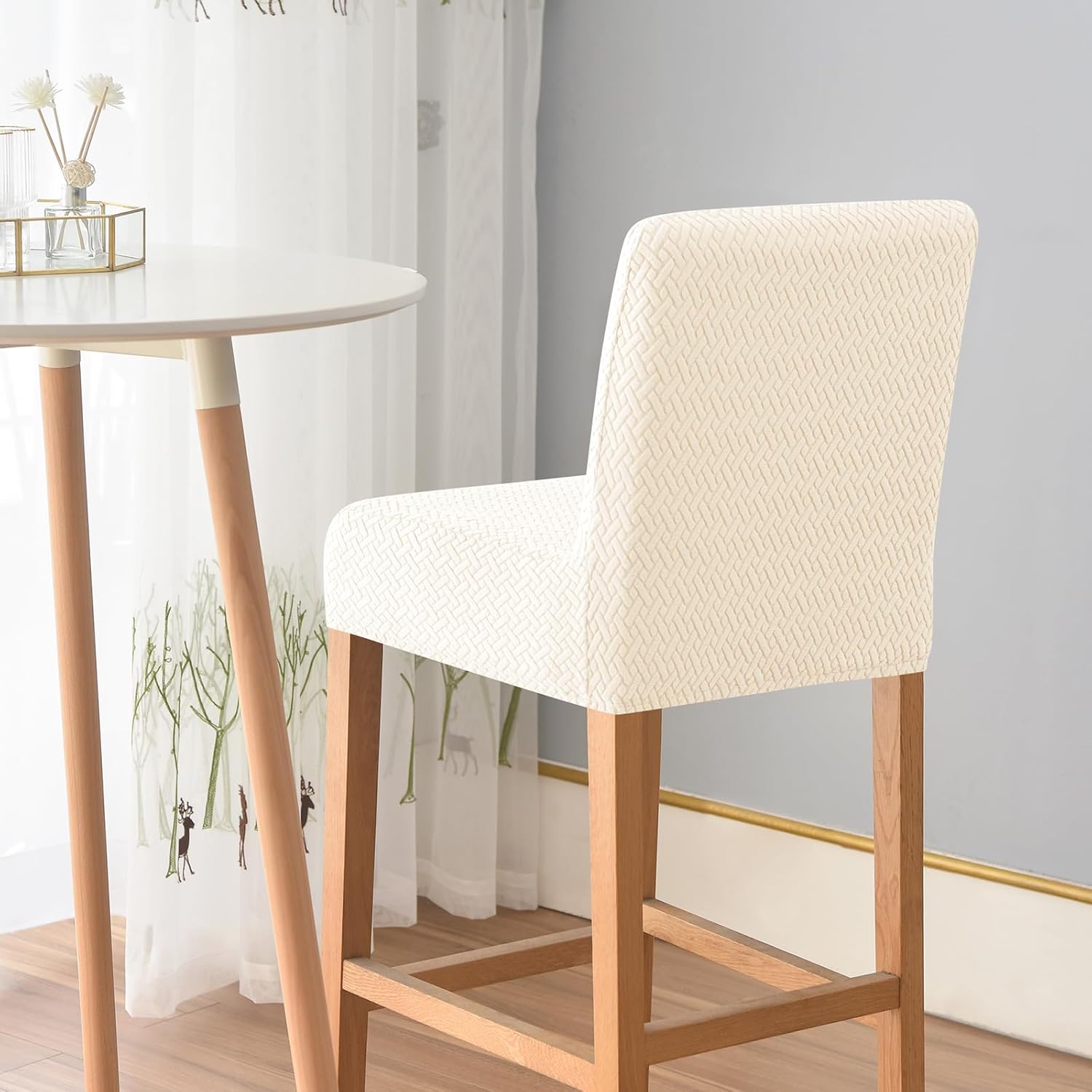 Gollense Bar Stool Covers Set of 4 Stretch Jacquard Barstool Slipcovers Washable Dining Chair Seat Covers with Back Removable Pub Counter Tall Chair Protectors for Kitchen Island Chairs (Beige)