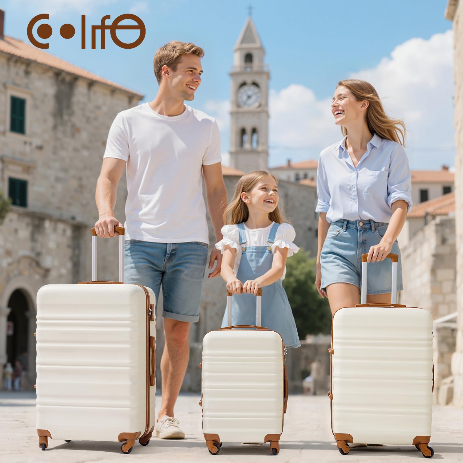COOLIFE Hartschalenkoffer mit TSA-Schloss, 360° Drehbare Rollen, Reisekoffer für Geschäftsreisen, Weiß/Braun
