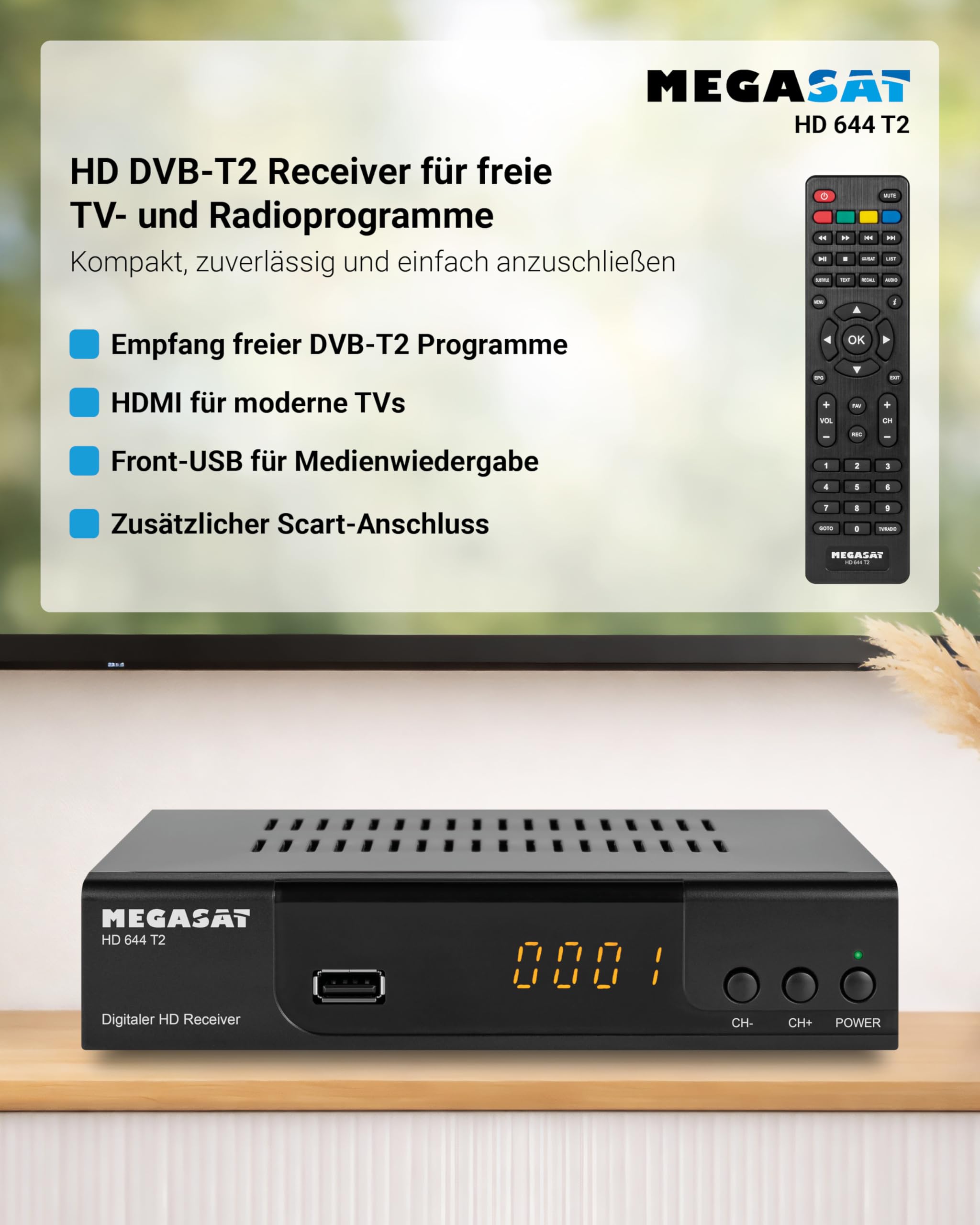 Megasat HD 644 T2 – DVB-T2 Receiver für Free TV – Schwarz | Empfängt alle freien Sender über Antenne, USB-Mediaplayer, Full HD, SCART, HDMI