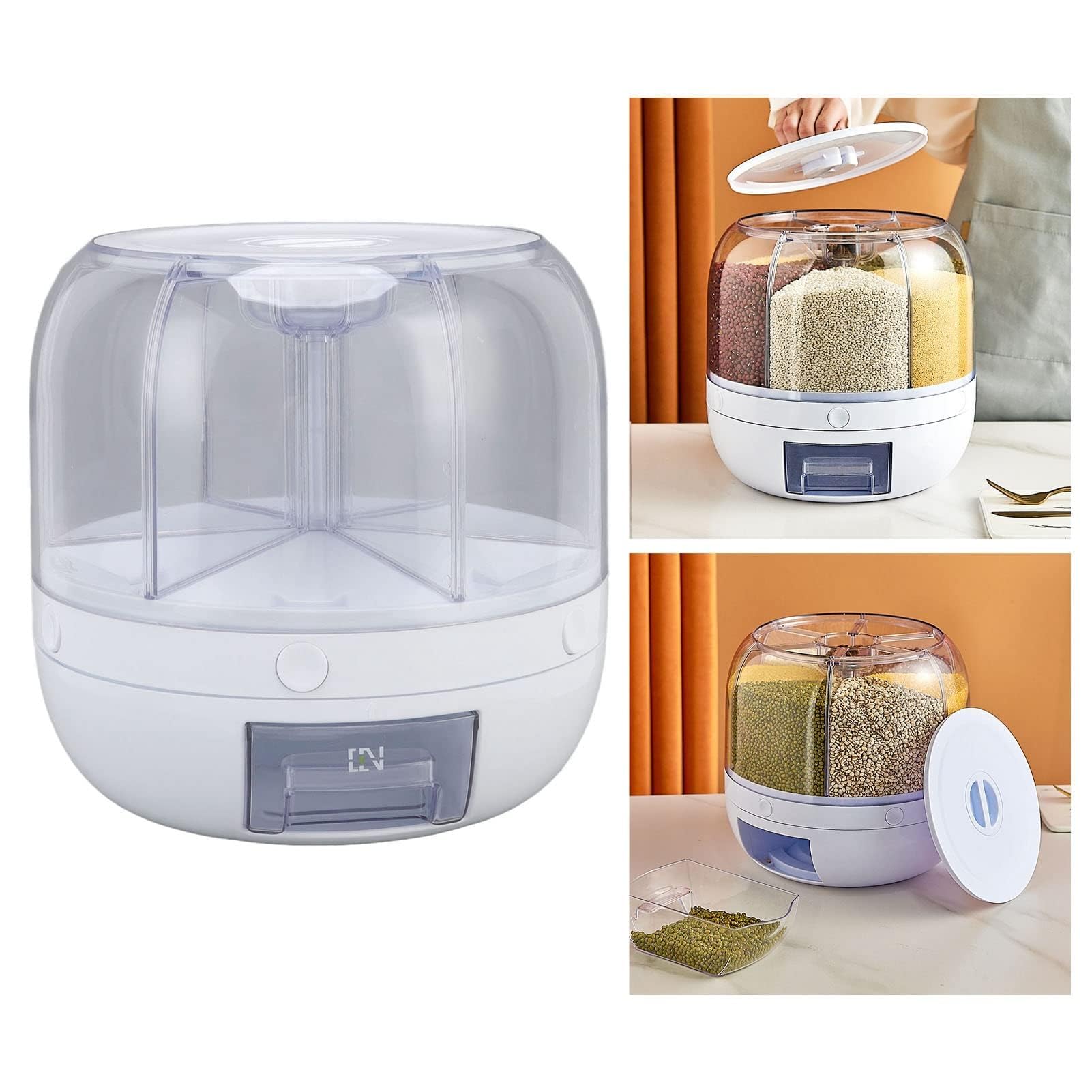 6 Scomparti Dispenser per Alimenti con Rotazione a 360° con Coperchio per Grani PiccoliFagioli, Riso (5 kg), Contenitore per Riso e Grano Food Storage Packaging