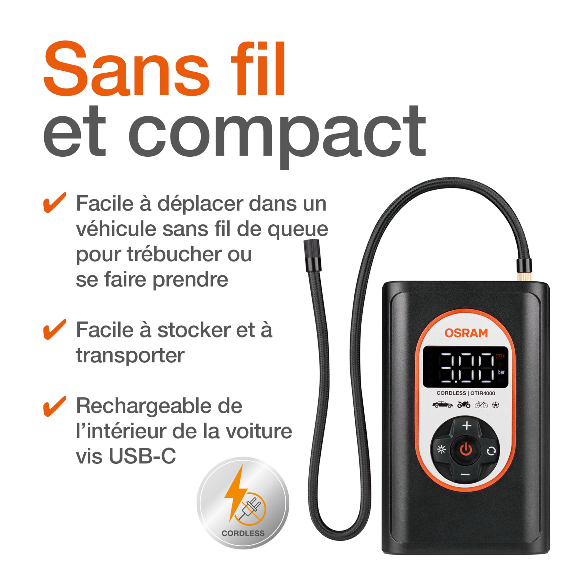 OSRAM TYREinflate 4000 Gonfleur de Pneu sans Fil Rechargeable Compresseur d'air numérique programmable avec arrêt Automatique et gonflage des pneus à lumière LED en 3,5 Minutes | d'air numérique programmable avec arrêt Automatique et gonflage des pneus à