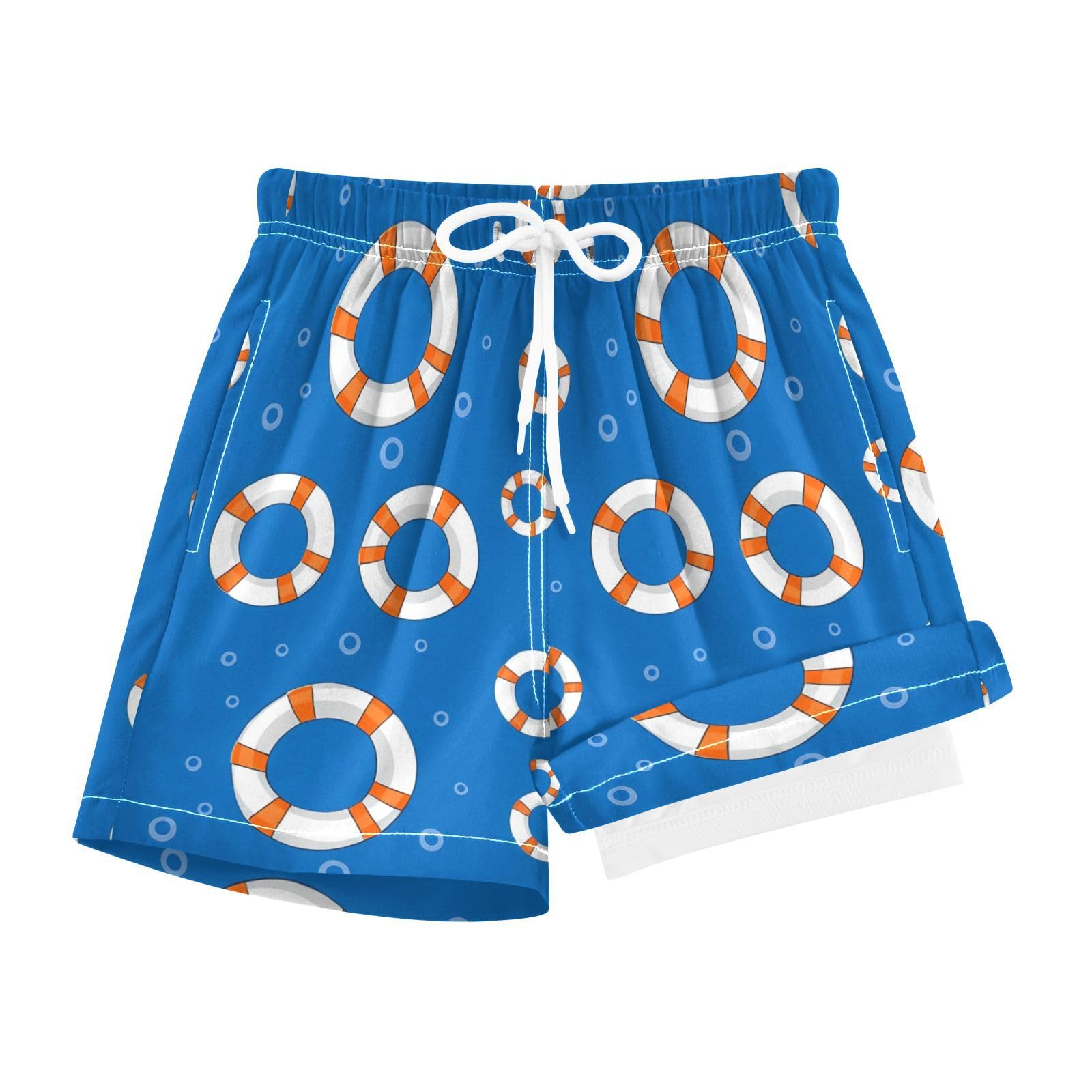 YANENDIE Boy Swim Trunks with Compression Liner Orange Lifebuoys Blue Boys Swim Shorts Quick Dry Beach Shorts