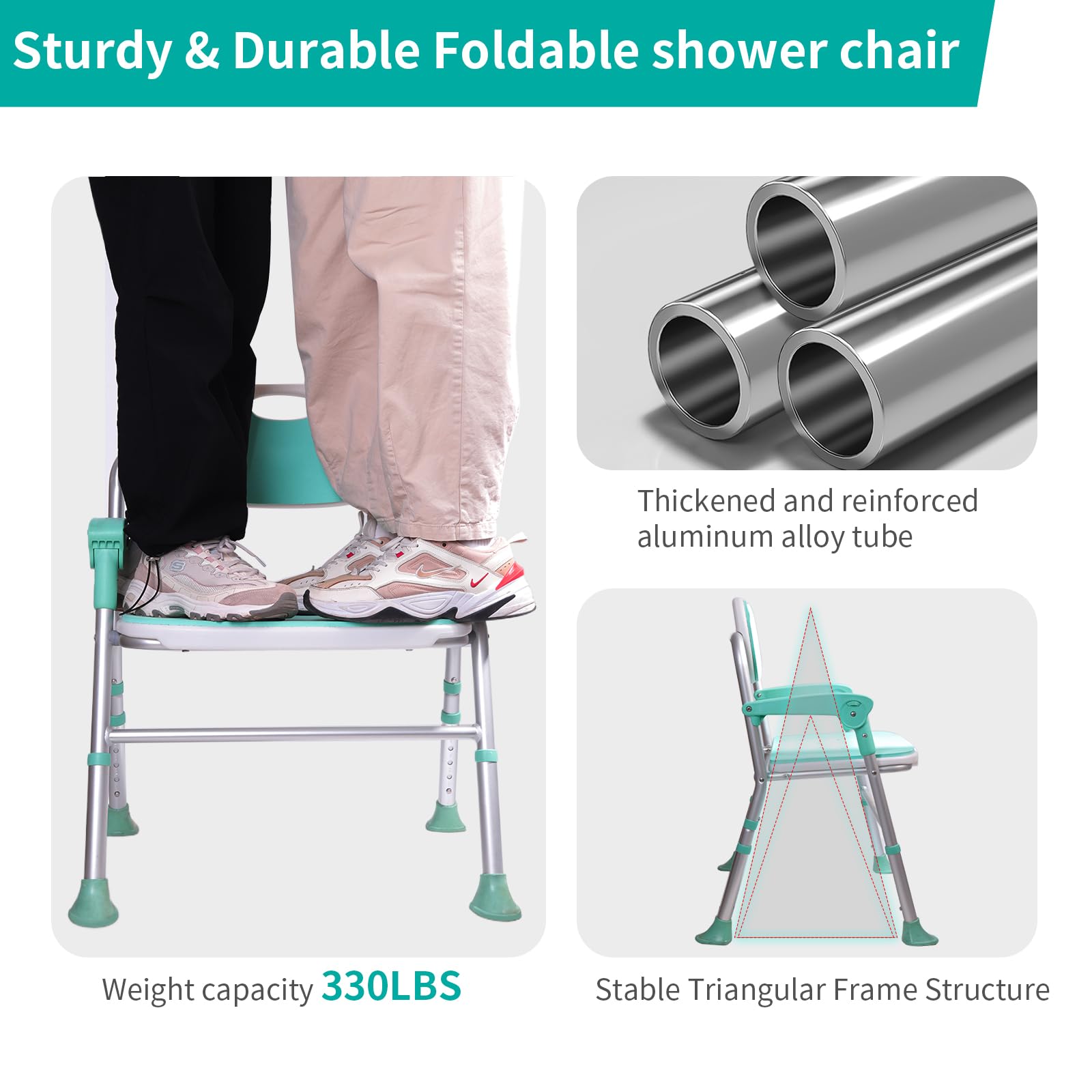 ENLUNTRA Silla de ducha con brazos y respaldo, silla de ducha plegable de 5 niveles ajustable, asiento de ducha antideslizante para ancianos, discapacitados, embarazadas