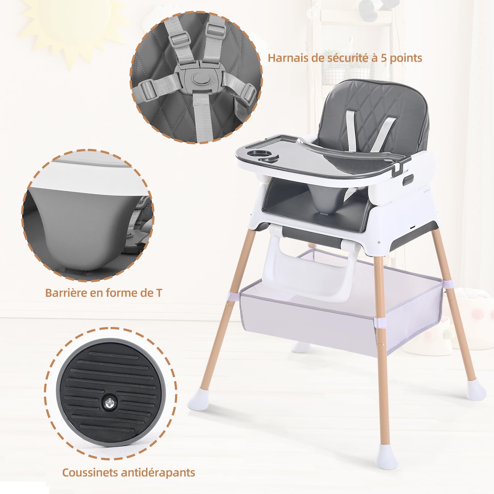 Chaise Haute Bébé, Chaise Enfant 3 en 1 Cabriolet et Réglable, D'alimentation Rehausseur Chaise Enfant Portatif Compactes pour Bébé, de 6 Mois à 3 Ans (Gris)