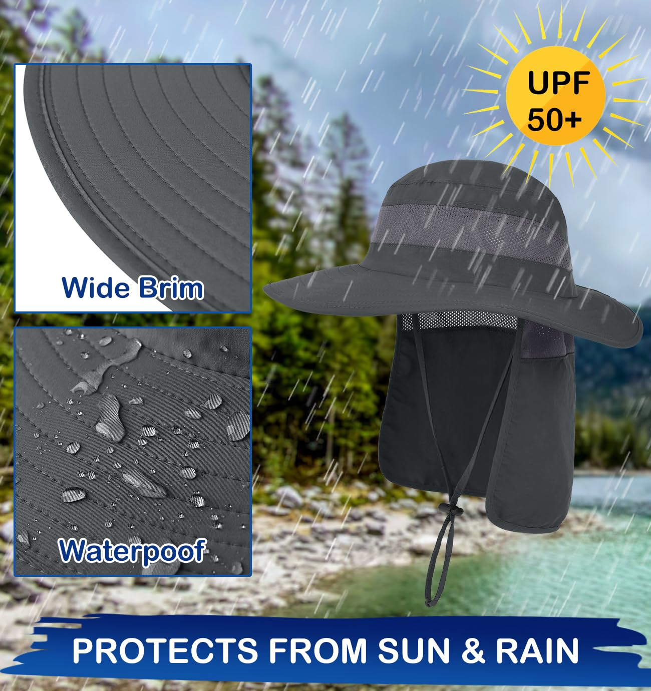 3 Pack Outdoor UPF50+ Mesh Sun Hat for Men,Wide Brim Fishing Hat with Neck Flap for Hiking Garden (Dark Grey?Light Grey?Army Green)