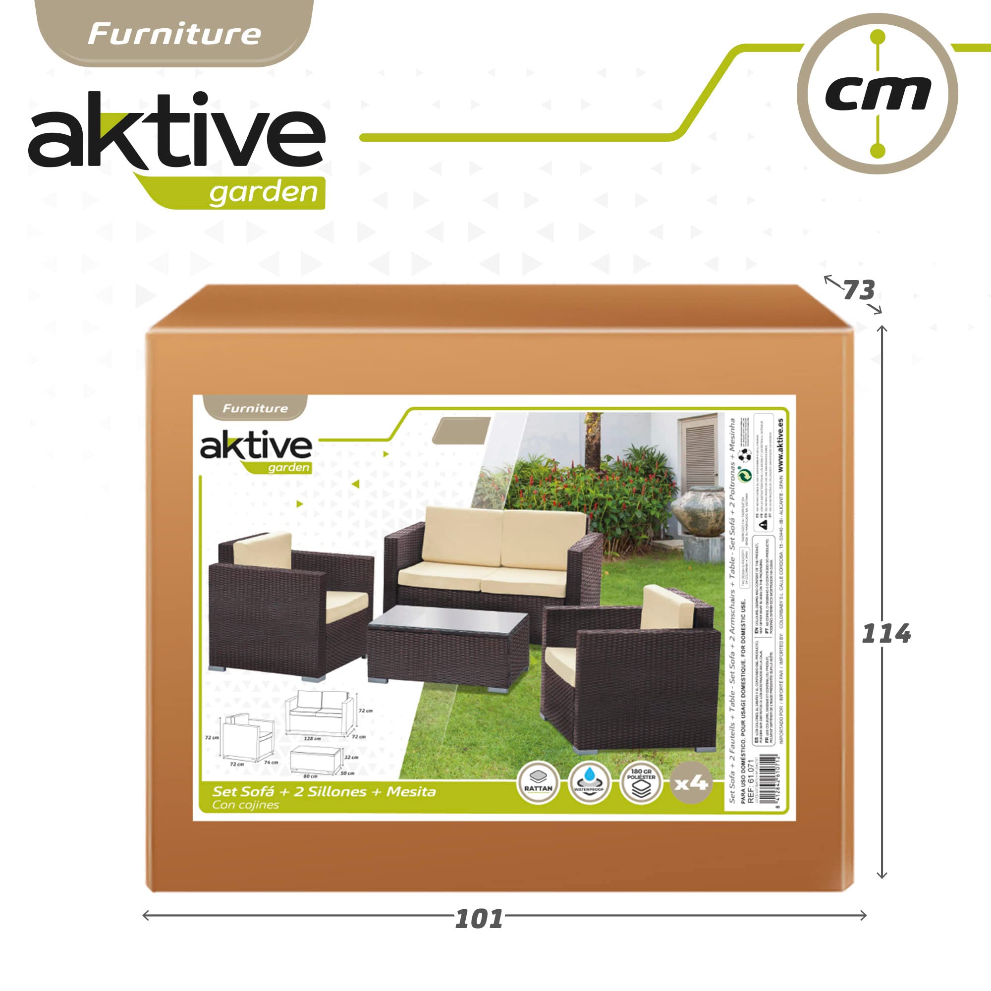 AKTIVE 61071 - Conjunto jardín ratán muebles de exterior, Ratán set jardín, muebles terraza exterior, incluye 2 sillones jardín exterior, 1 sofá exterior y 1 mesa terraza exterior, Negro