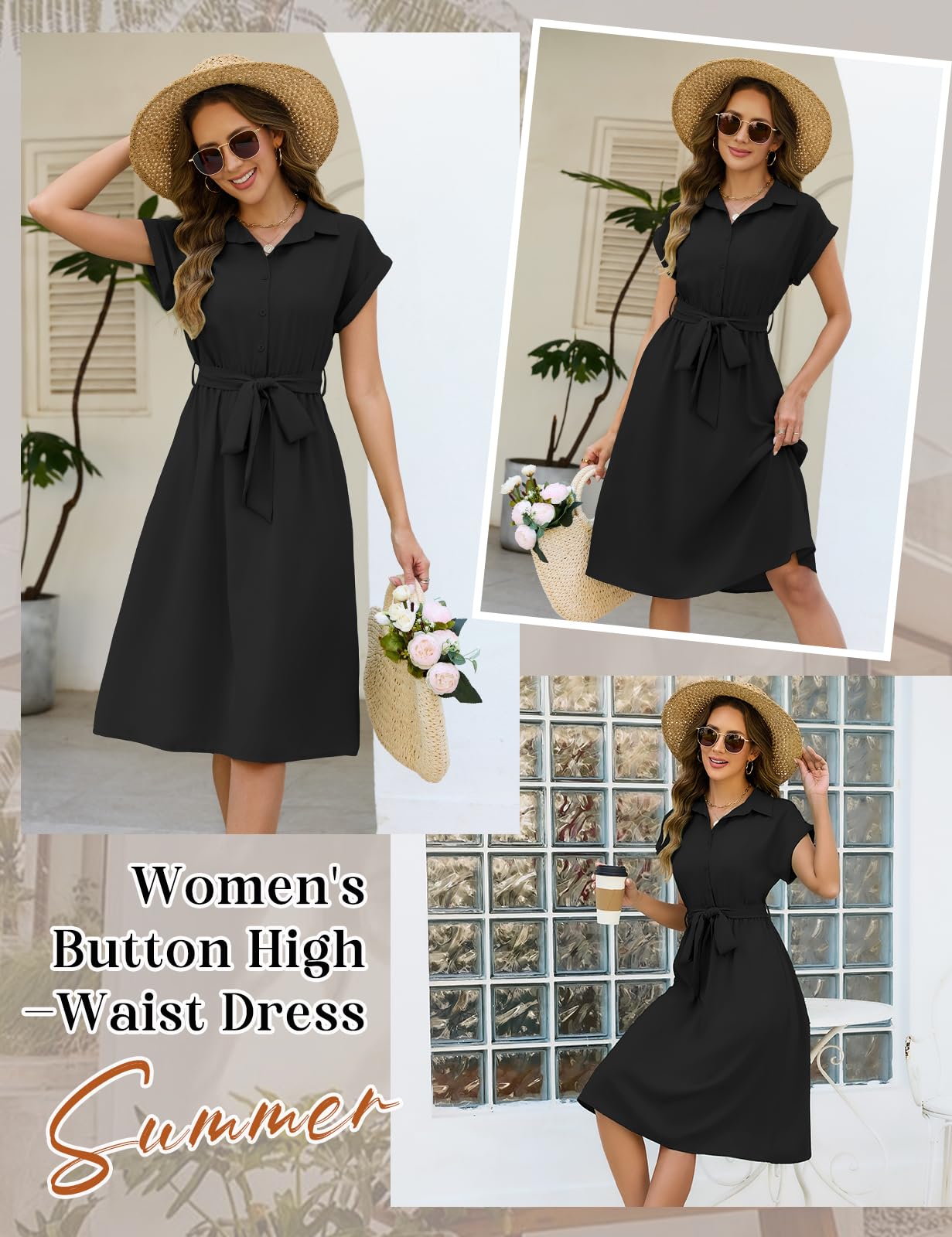 HEEKPEK Vestito Donna Estivo Manica Corta Casual Abito Scollo a V Vita Alta A Line Abiti Lungo Elegante Abito Camicia Colori Solidi Vestiti con Tasche e Cintura