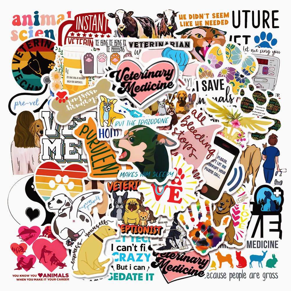 Veterinary Stickers Pack of 50 Veterinary Decals Vet Tech Stickers for Laptops Hydro Flasks Water Bottles Luggage