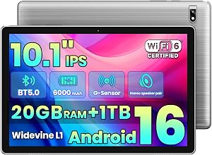 TPZ 2026 Latest Android 16 Tablet 10.1 Inch, Octa-Core 20GB RAM+1TB Expandable, 1280×800 IPS HD, 5G, Bluetooth 5, Widevine L1, Dual Camera, Tablet for Work & Entertainment,Dual Speakers,WiFi 6,Gray