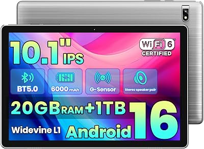 TPZ 2026 Latest Android 16 Tablet 10.1 Inch, Octa-Core 20GB RAM+1TB Expandable, 1280×800 IPS HD, 5G, Bluetooth 5, Widevine L1, Dual Camera, Tablet for Work & Entertainment,Dual Speakers,WiFi 6,Gray