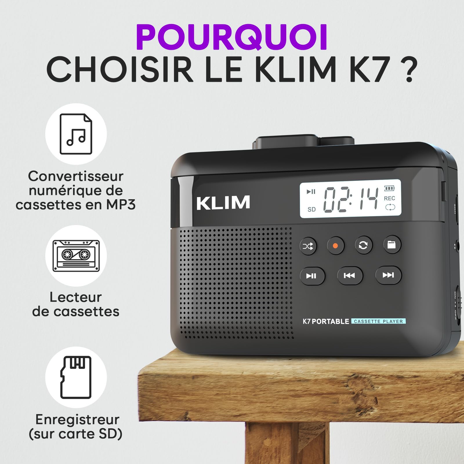 Cassette Player KLIM K7 avec écouteurs Fusion - Lecteur Cassette Audio - Convertisseur Audio en MP3 - Microphone et Haut-Parleur intégrés - Batterie Rechargeable - Ecouteurs - Carte SD 16GB - Noir