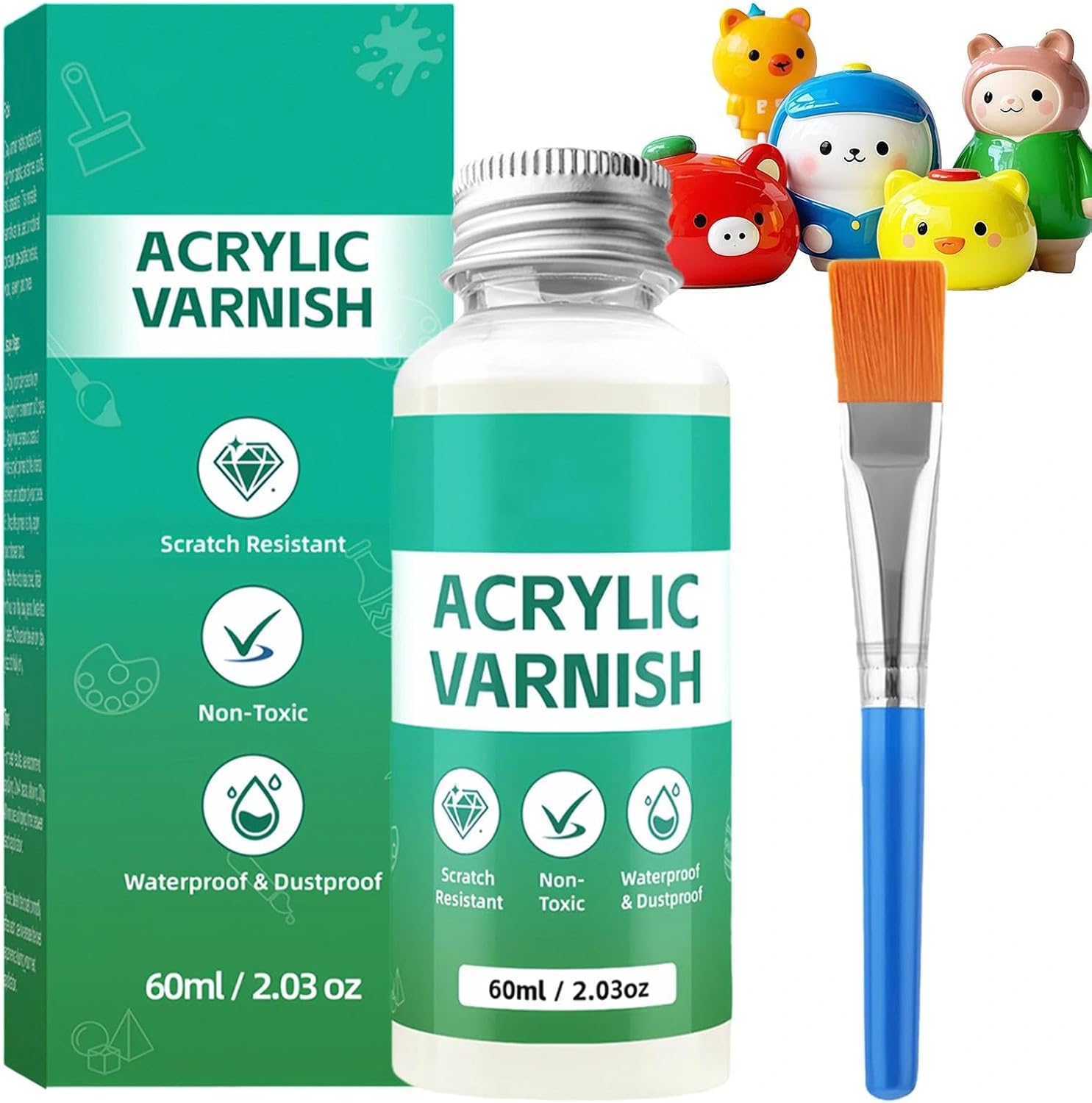 Acrylic Varnish - Air Drying Clay Glaze with Brush - Prevents Cracking & Yellowing, Waterproof High-Gloss Finish for Air Dry Clay, Pottery Crafts, Wood & Oil Painting, Scratch Resistant