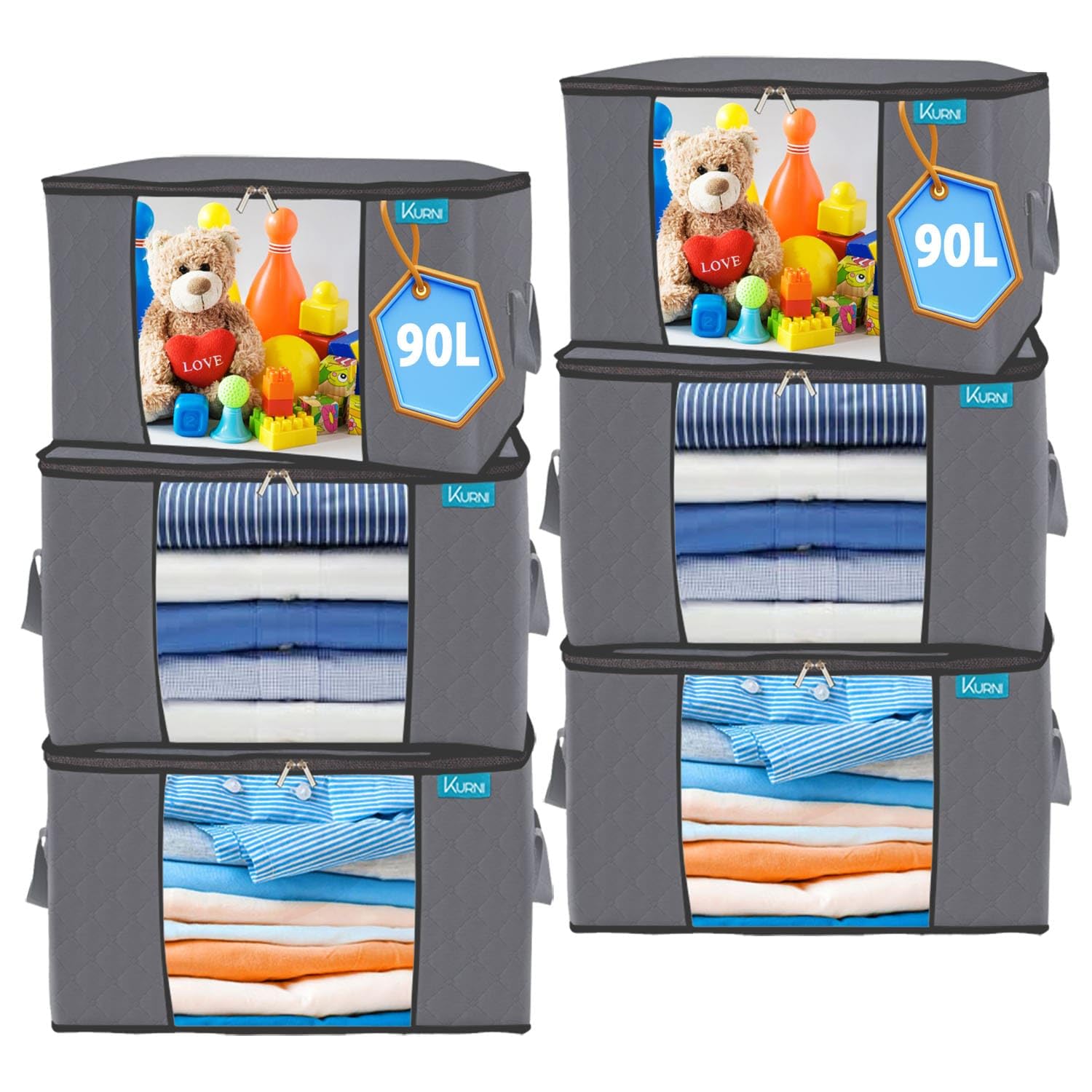 KURNI Storage Bags Clothes 6 Pack Grey, Large Moving Boxes With Top Lid 90L Capacity