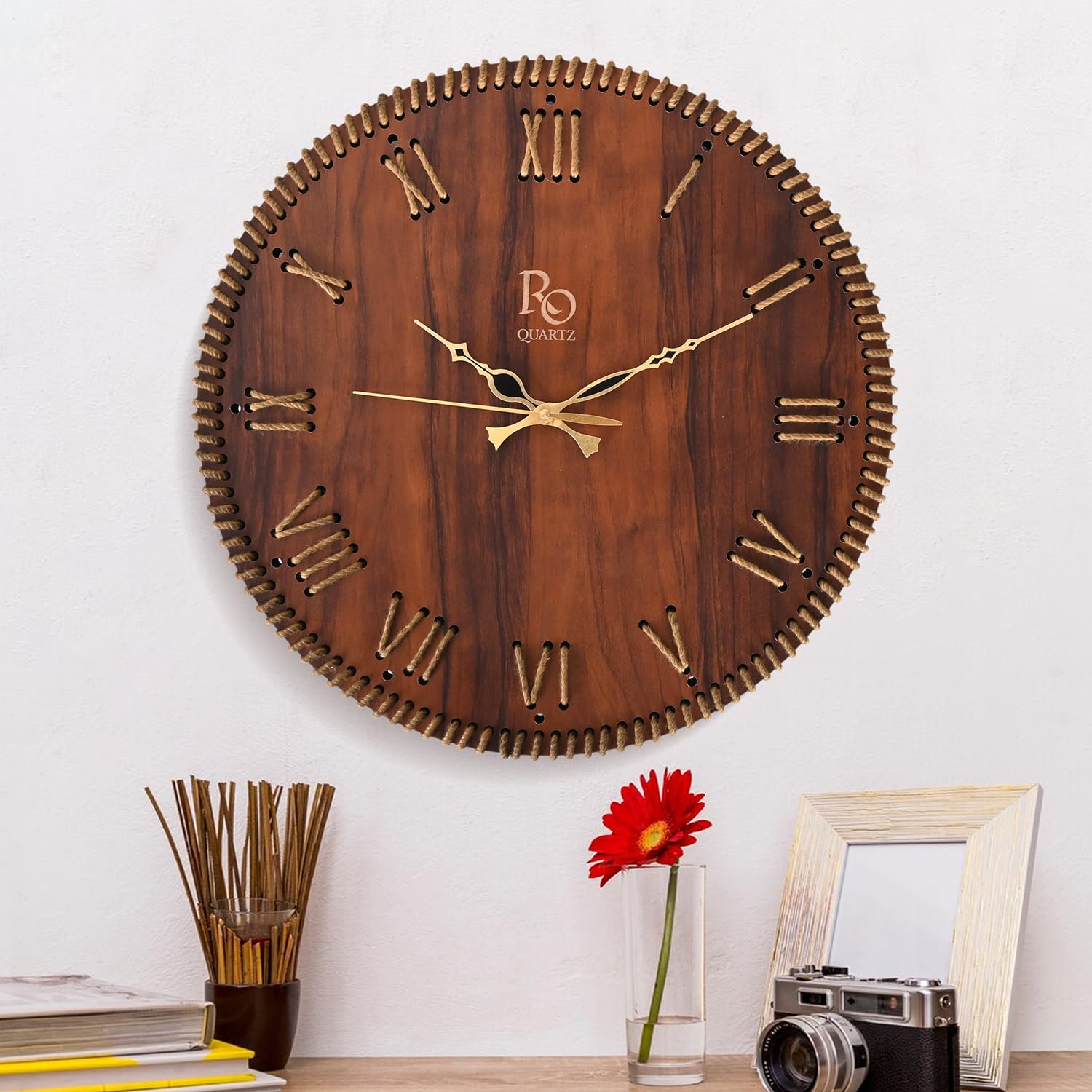 REGIIS OPERA Wooden Round Shape Roman Dial Wall Clock with Brown Jute Detailing & Golden Hands | Silent Quartz Movement, Anti-Glare Finish Analog Vintage Clock for Home & Office (Brown, 15.5 Inch)