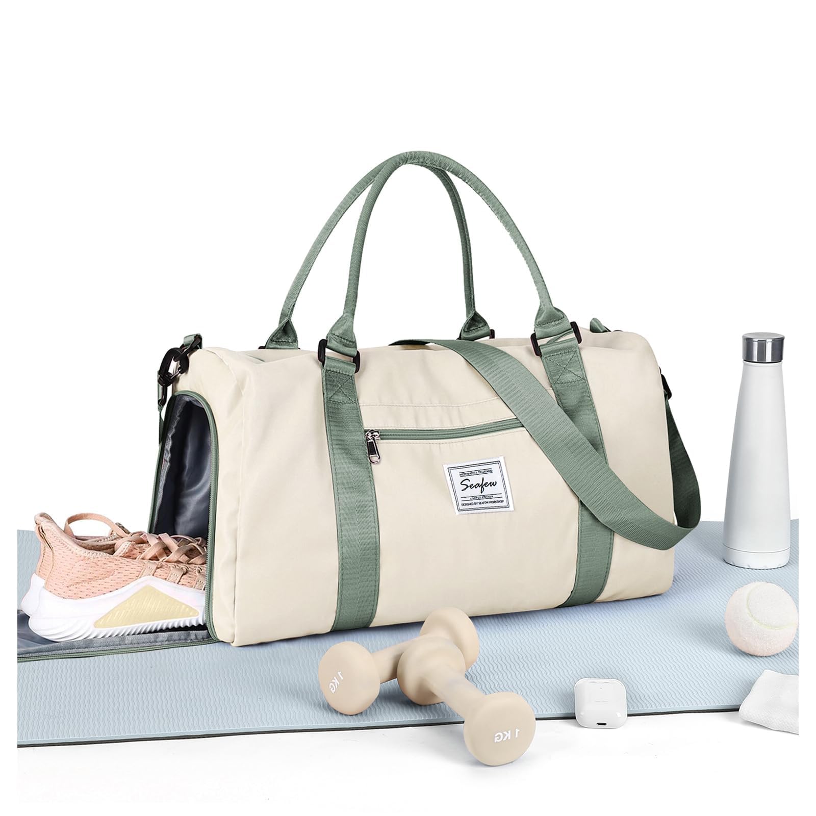 HYC00 Borsone Palestra Donna Uomo Borsa Sportiva con Scomparto Scarpe Borsone da Viaggio Sports Gym Bag Grande Borse da Palestra Piscina Donna Fitness Weekend Duffel Bag Borsa per Ospedale,Beige Verde