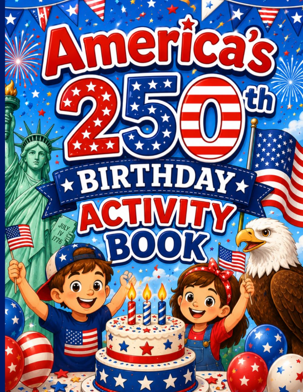 America's 250th Birthday Activity Book: 50+ Pages of Fun Activities Featuring Fun Patriotic Coloring Page, Word Search, Mazes, Trivia, and More! Fun for Kids and Adults!