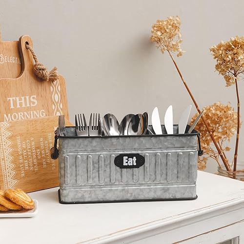 Miniatura 2 de NIKKY HOME Farmhouse - Organizador de cubiertos galvanizado de 3 compartimentos con mango de madera, organizador de cubiertos para encimera de