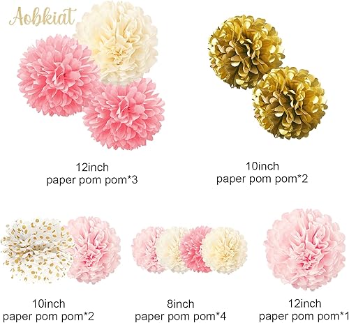 Miniatura 2 de AOBKIAT - Kit de pompones de seda, 12 piezas de flores de papel de seda color oro rosa para fiesta de compromiso, boda, cumpleaños, despedida de