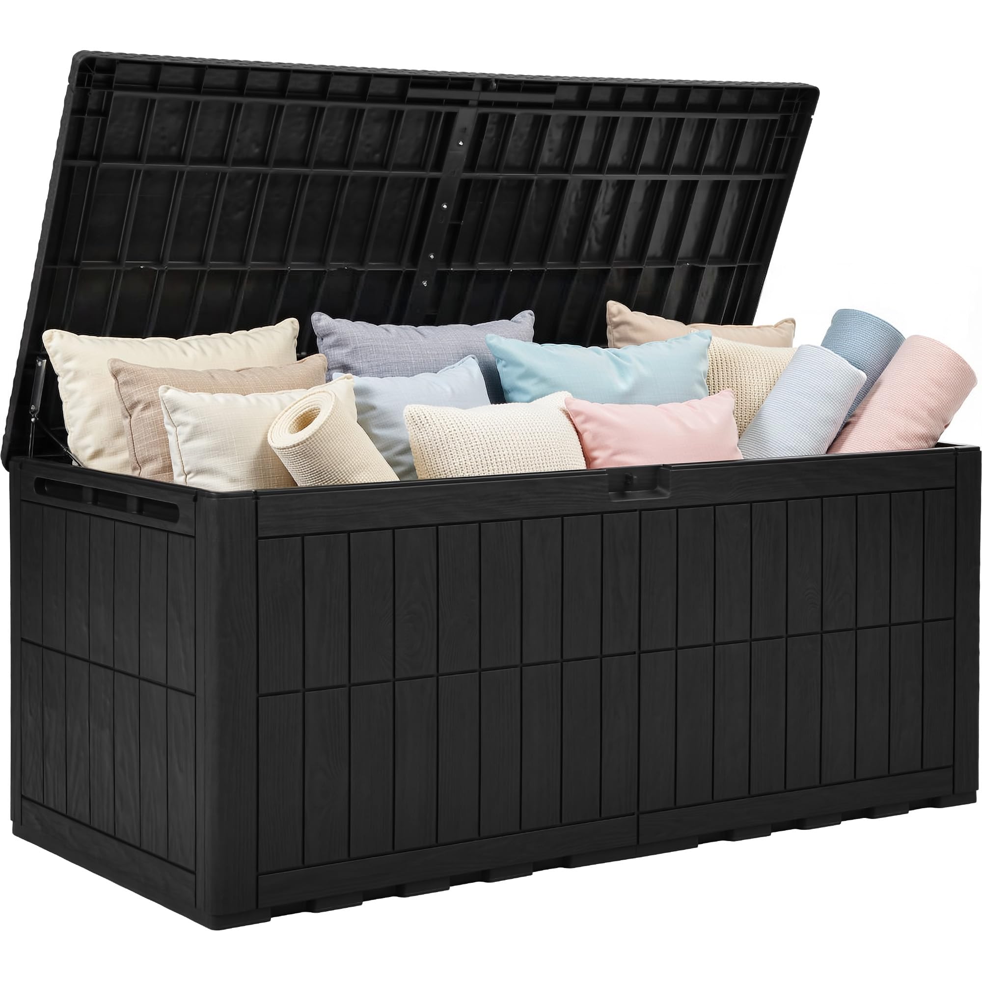 YITAHOME 833L Large Outdoor Garden Storage Box, Waterproof Resin Deck Box with Lock & Hydraulic Piston, 3-Person Bench Seat for Patio Cushions & Garden Tools, UV-Resistant & Weatherproof, Black
