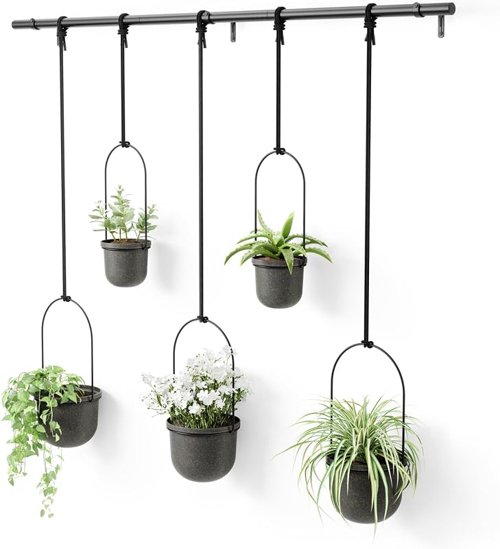 Umbra Triflora Hanging Planter, Window Herb Garden, Set of 5, Black/Black | Adjustable ropes and rod, holds standard size pots, wall or ceiling mount, all hardware included, recycled plastic