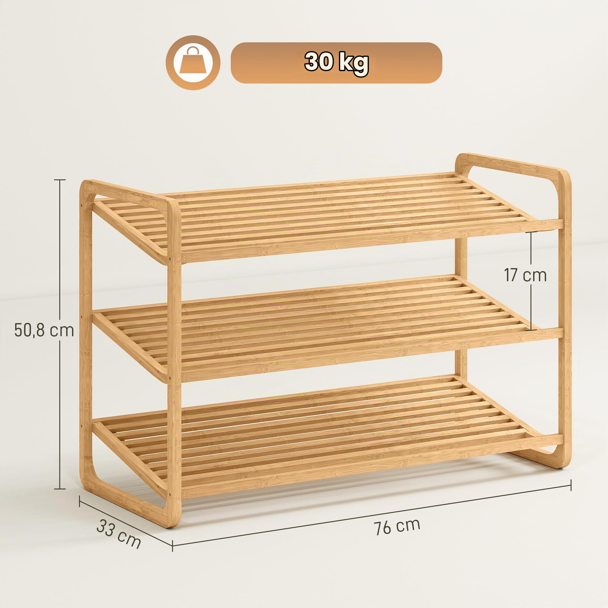 HOMCOM Étagère à Chaussures en Bambou à 3 Niveaux 76 x 33 x 50,8 cm