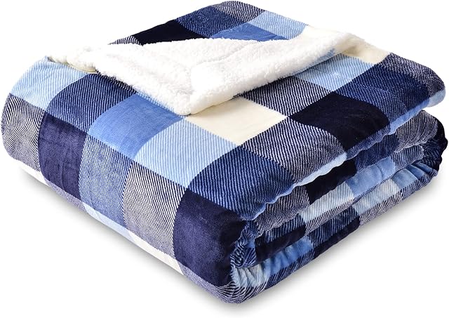 SOCHOW Sherpa Plaid Fleece Throw Blanket, Double-Sided Super Soft Luxurious Bedding Blanket 127cm×150cm, Blue/White