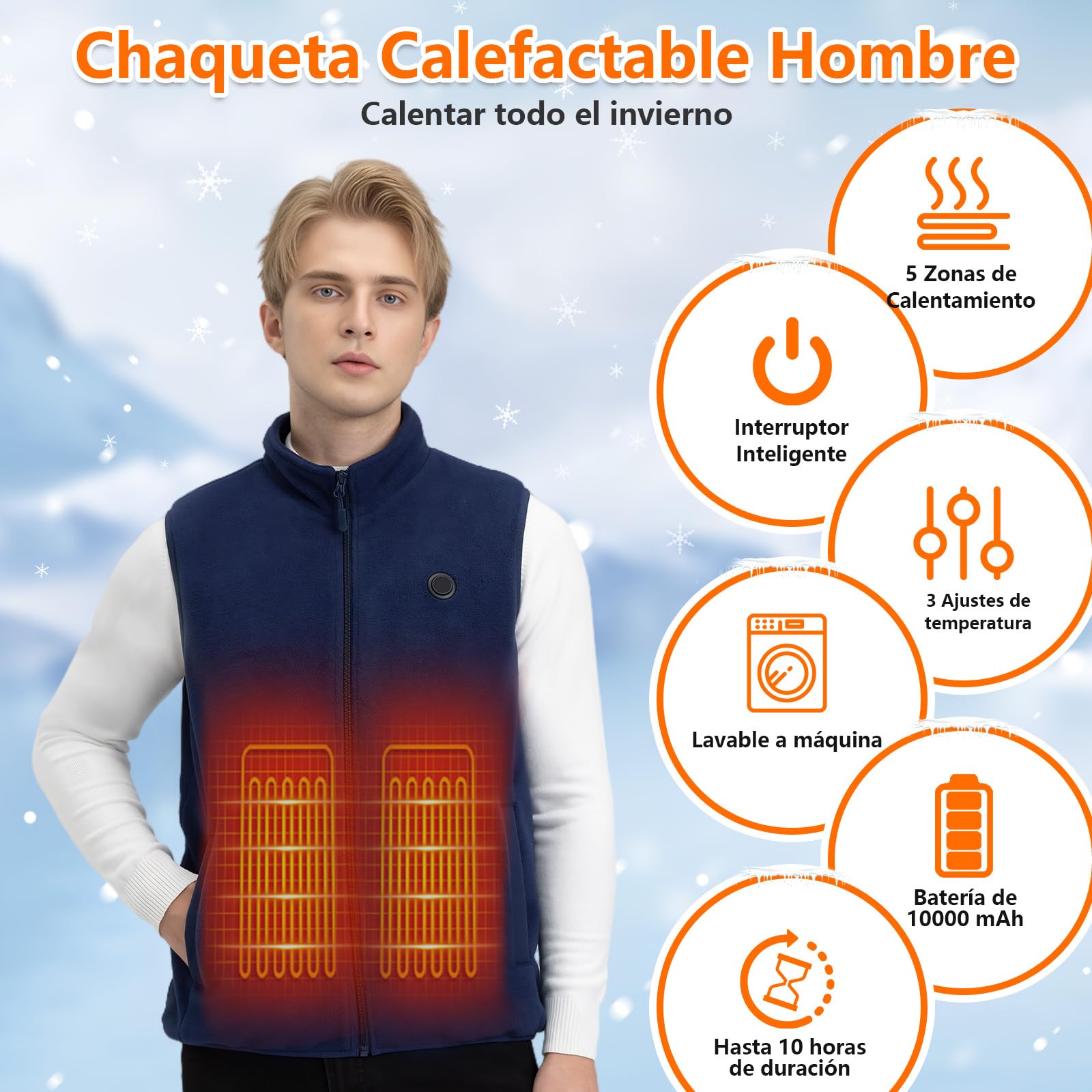 Chaleco Calefactable Hombre con Batería USB de 10000mAh, Negro