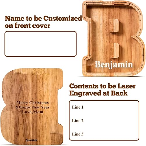 Miniatura 261 de SummiDate Alcancía de madera con nombre, niños y niñas, tamaño grande, letras alfabeto A-Z, monedas y billetes, inicial en cubierta transparente