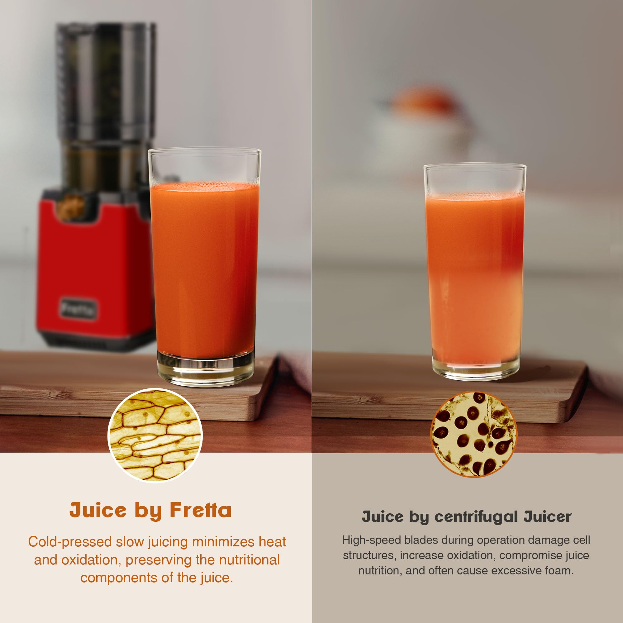 Fretta extractor de zumos y verduras,Exprimidor de Frutas y Verduras de 1,8 Litros con Triple Filtro,250W,fácil de instalar,desmontar y limpiar,Base de acero inoxidable (Rojo Puro)