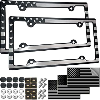 American Flag License Plate Frame Patriotic USA Flag Car Tag Cover, Rust Rattle Proof Plastic Holder with Mounting Hardware Kit,Rust Resistant Screws Bolts,Black Caps, Tire Valve Stem Caps