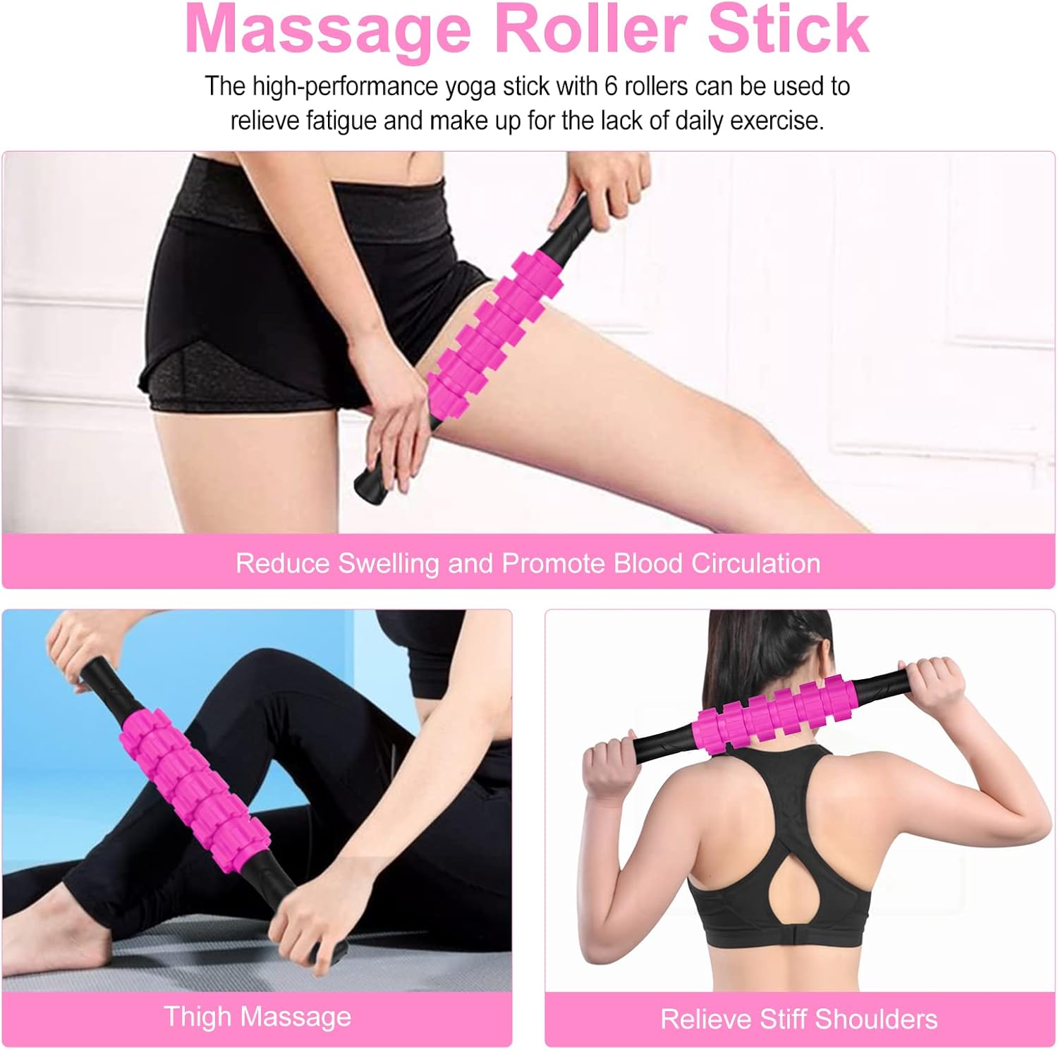 5 in 1 Foam Roller Set Includes Hollow Core Massage Roller, Yoga Stick, Massage Ball, Fitness Stretching Strap, Carrying Bag, Towel, Massage Roller (Pink)