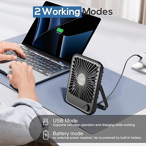 Miniatura 4 de Shintrend Ventilador de viaje portátil recargable, ventilador de escritorio USB con 100 velocidades de viento, ventilador pequeño con pantalla