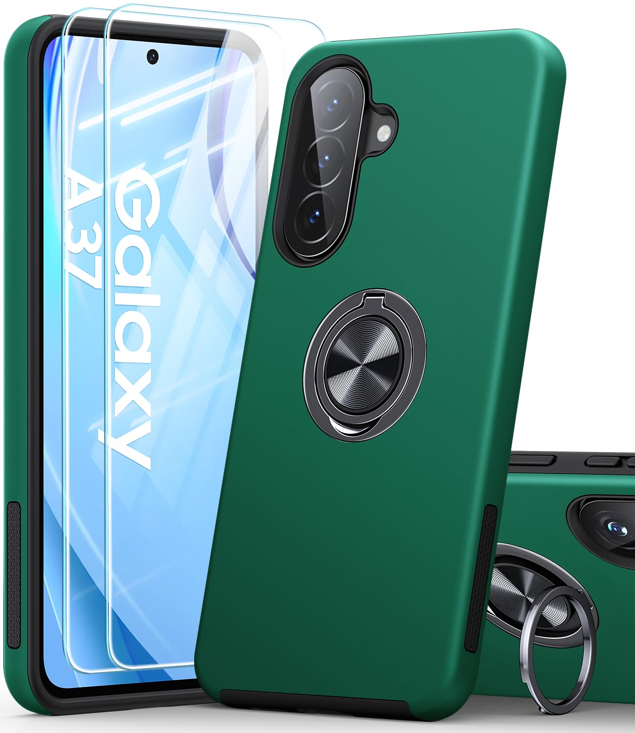 AOUIA für Samsung Galaxy A37 5G Hülle mit 2 Stück Panzerglas, 3-in-1 Set Schutzhülle, 360°Drehbarer Ring Kickstand, Militärstandard Stoßfest Handyhülle für Samsung A37, Tiefgrün